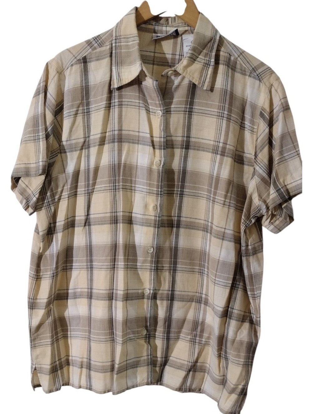 Vintage Women’s Short Sleeve Plaid Button-Down Shirt - Beige Plaid